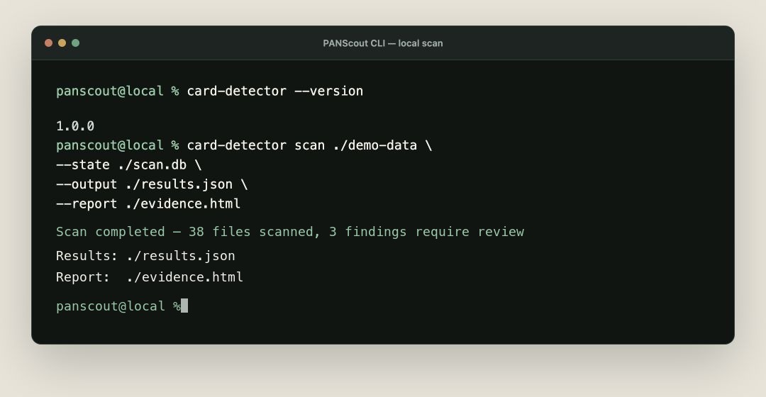 PANScout command line showing a completed local scan of 38 files, with 3 findings ready for review and saved JSON and HTML reports
