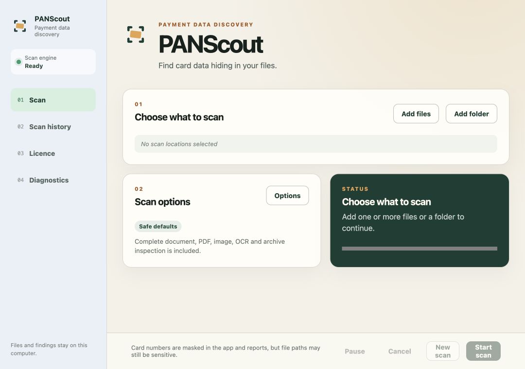PANScout desktop application showing local scan setup, file selection, scan options and status